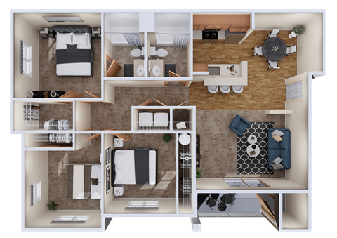 Floor plan for 3 beds, 2 baths, 1121 sqft